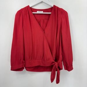 Madewell red long sleeve front knot v-neck wrap blouse S